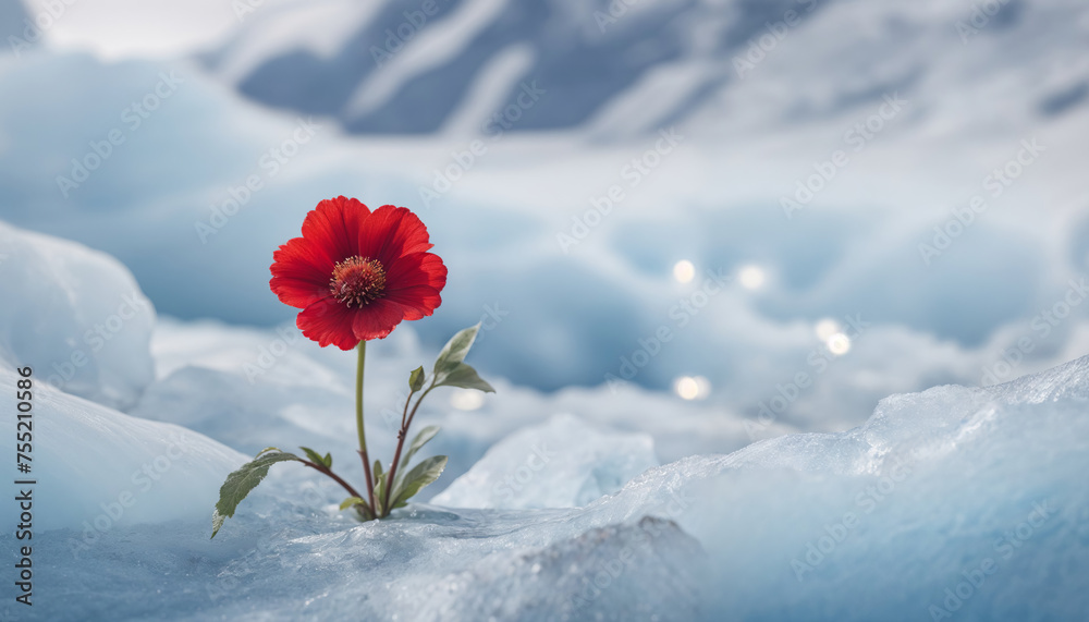 Single vivid red flower in bloom growing on a blue ice glacier signaling the start of the spring season.  - obrazy, fototapety, plakaty 