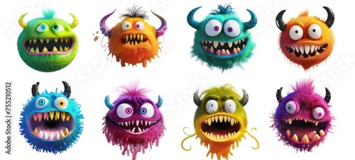 Set of isolated funny cartoon furry monsters with different emotions photo