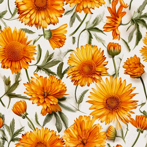 Seamless beautiful calendula flowers pattern, delicate wallpaper design. Generative ai © designermetin