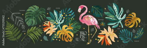 Tropical leaves, plants and flamingo. Vector modern floral illustrations of tropic print, palm leaf, monstera, fern,  bouquet  for greeting card, background, label or banner