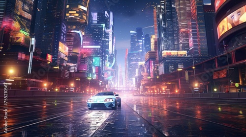 A futuristic car speeds down a wet street in a city of skyscrapers at night