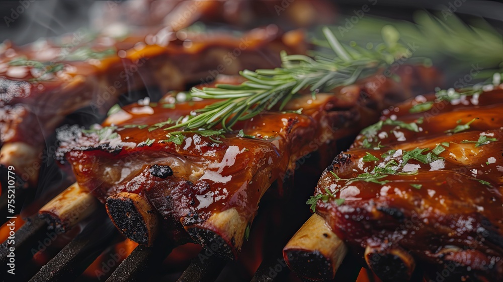 Barbecue fried ribs with vegetables. Background concept Barbecue fried ribs with vegetables. Background concept