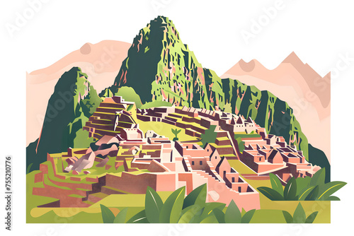 A vector illustration showcases the iconic ruins of Machu Picchu, reflecting the ancient Inca heritage, with a flat and isolated design aesthetic.       © Uliana