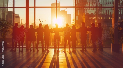 Employees participating in a trust-building activity, forming a human chain,shoot in office,Morning sunlight