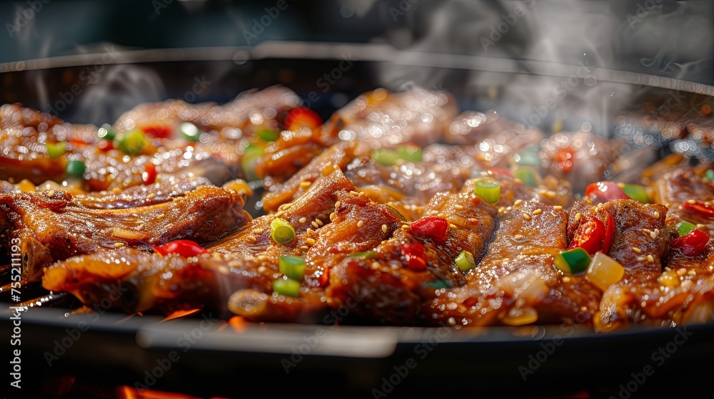 Barbecue fried ribs with vegetables. Background concept
