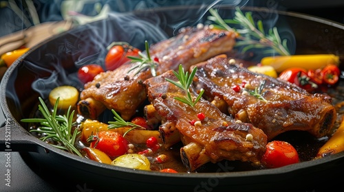 Barbecue fried ribs with vegetables. Background concept