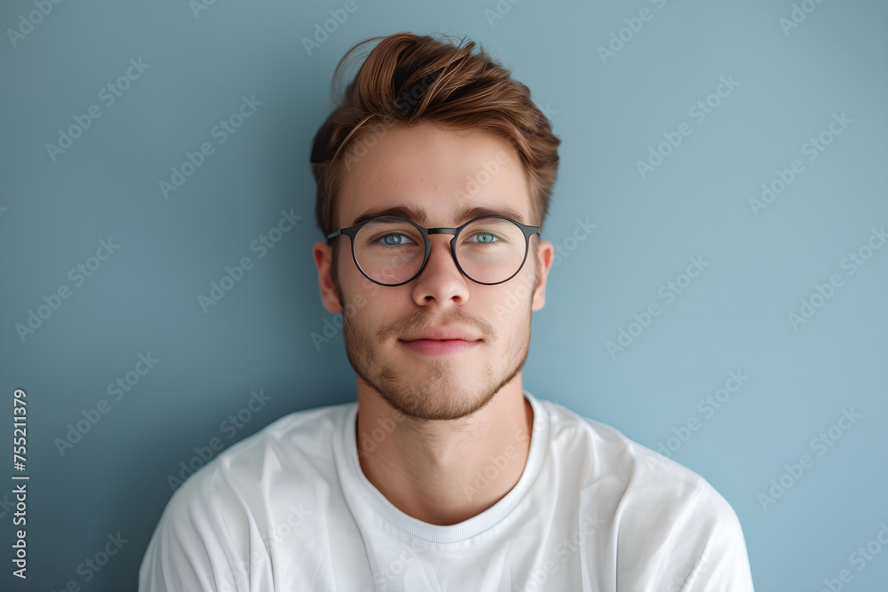 A portrait featuring a youthful IT professional of European descent, characterized by glasses and a casual t-shirt attire. A portrait featuring a youthful IT professional of European descent, characterized by glasses and a casual t-shirt attire.