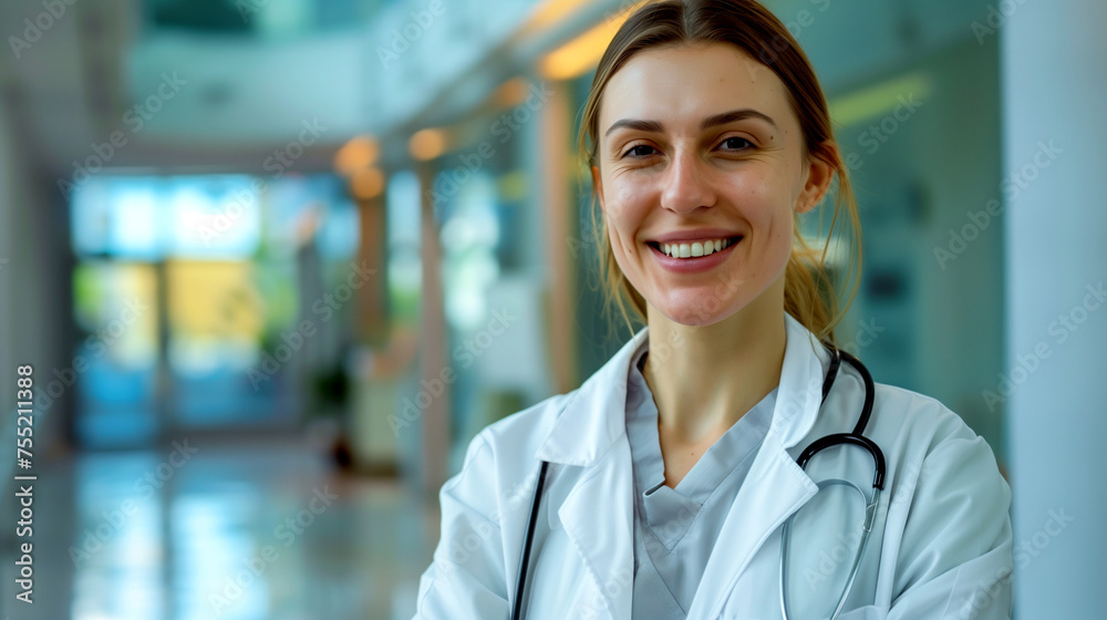 Happy Doctor Against the Background of a Modern Hospital Interior Happy Doctor Against the Background of a Modern Hospital Interior