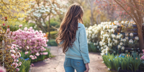 beautiful girl with long hair stands on the path of gardens, generative AI