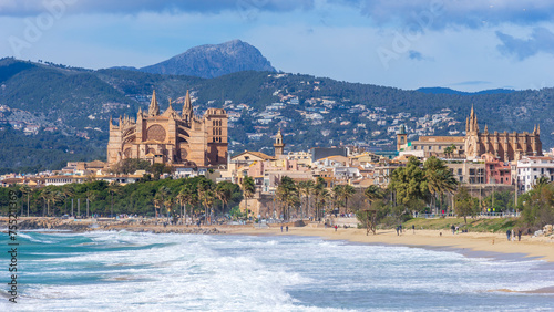 Historic La Seu Cathedral Overlooking the Sandy Shores of Palma Beach, Mallorca