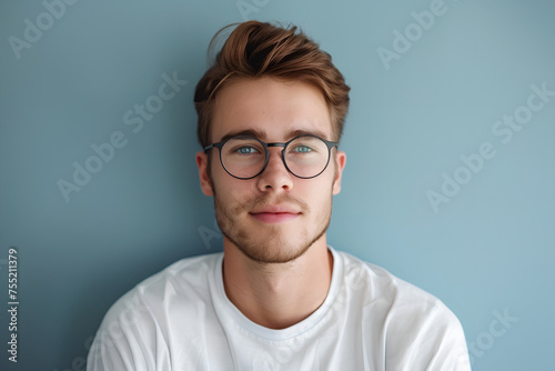 A portrait featuring a youthful IT professional of European descent, characterized by glasses and a casual t-shirt attire. photo