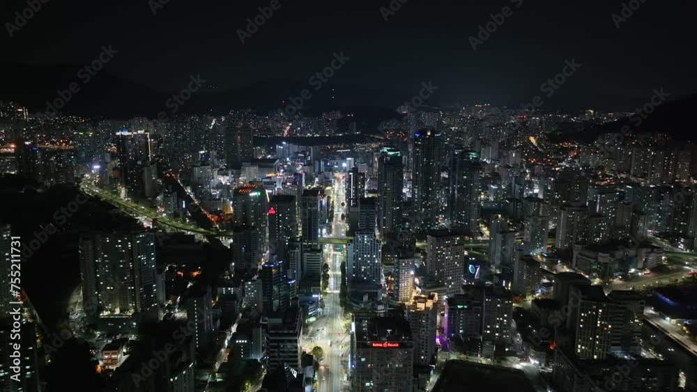 Aerial video at night over a residential area in Busan, South Korea Aerial video at night over a residential area in Busan, South Korea