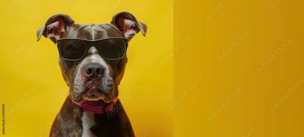 Portrait of a funny dog in sunglasses on yellow background