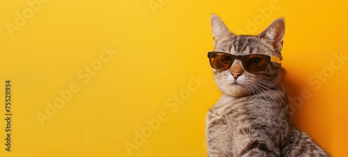 Portrait of a funny cat in sunglasses on yellow background © Ibad
