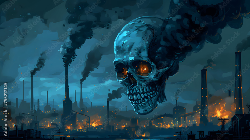 Skull among the smoke of an industrial chimney. Environmental pollution concept Skull among the smoke of an industrial chimney. Environmental pollution concept