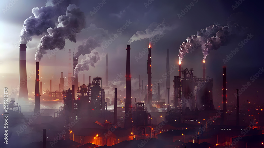 Twilight Haze: Industrial Landscape with Polluting Smokestacks