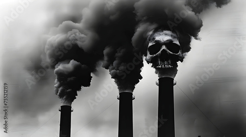 Skull among the smoke of an industrial chimney. Environmental pollution concept