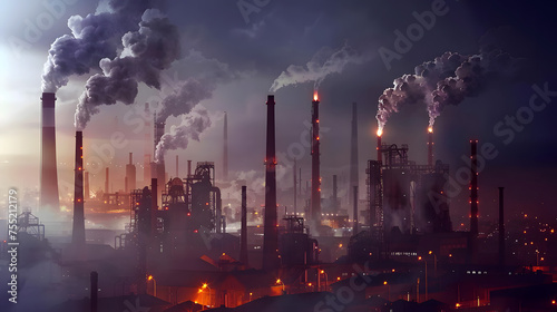Twilight Haze  Industrial Landscape with Polluting Smokestacks
