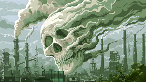 Skull among the smoke of an industrial chimney. Environmental pollution concept
