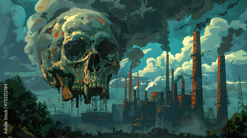 Skull among the smoke of an industrial chimney. Environmental pollution concept photo