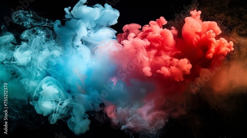 A mesmerizing display of magenta and electric blue smoke intertwining on a dark background, resembling a beautiful watercolor painting in the sky