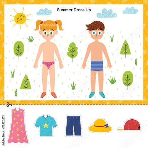 Summer dress up activity page for kids. Little boy and girl with summer clothes printable game for children. Paper dolls vector illustration