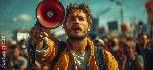 A man dressed as a fictional character is entertaining a crowd by holding a megaphone. The event is filled with fun and excitement, creating a movielike atmosphere © RichWolf