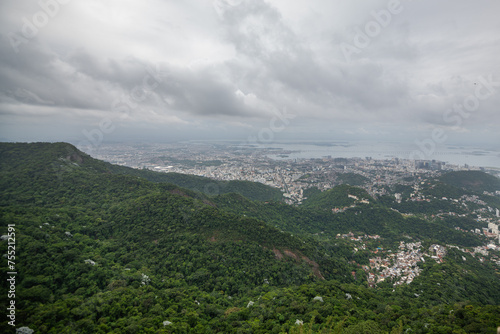 View of Rio de Janerio from the Christ the Redeemer statue in Tijuica national park cloudy day skyline