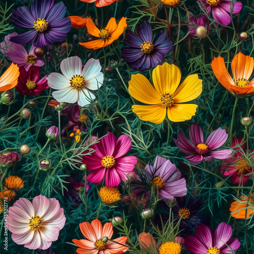 Seamless colorful cosmos flowers pattern, wallpaper design. Generative ai