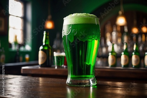 Glasses of Irish stout beer with green moss and clover leaves,exudes an irresistible allure, inviting revelers to raise a toast to the spirit of St. Patrick's Day created with generative ai.