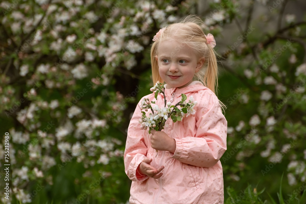 Pretty little caucasian girl with two tails enjoy spring apple blooming. Springtime. Preschool girl in flowering garden. Pretty little caucasian girl with two tails enjoy spring apple blooming. Springtime. Preschool girl in flowering garden.
