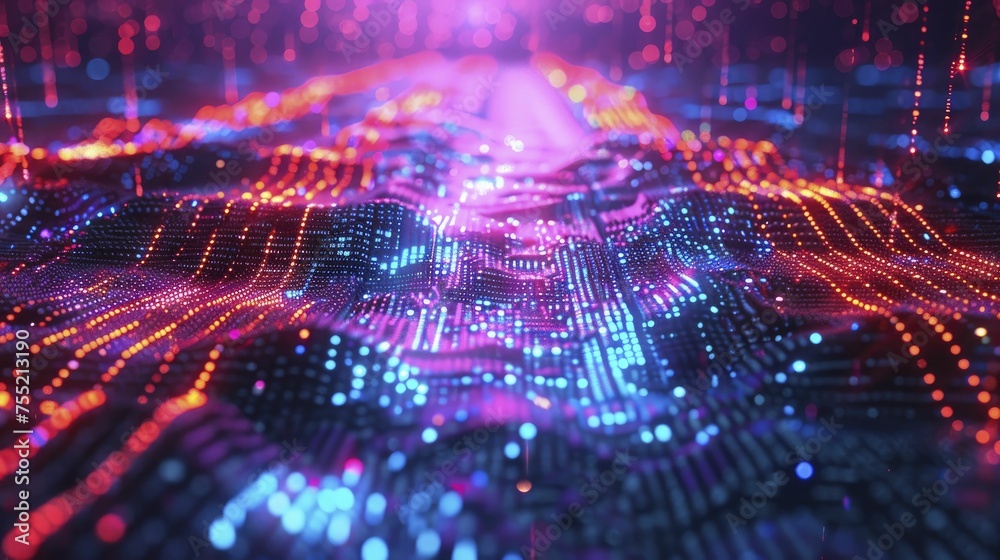 A digital landscape displaying the flow of information through a deep learning model, converting raw data into actionable knowledge, in neon tones and a digital graphic technology style.