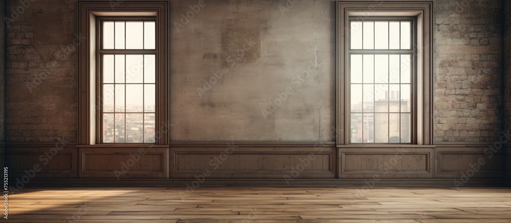 An empty room featuring two large windows that let in natural light, with a rustic brick wall adding texture and character to the space. An empty room featuring two large windows that let in natural light, with a rustic brick wall adding texture and character to the space.