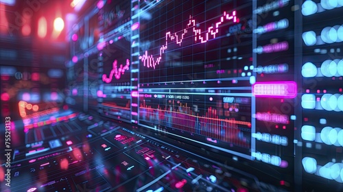 A digital display of a deep learning-powered financial analysis tool forecasting market trends, neon tone, digital graphic technology style.