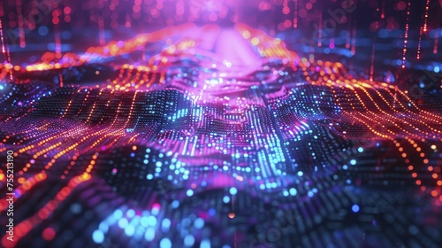 A digital landscape displaying the flow of information through a deep learning model, converting raw data into actionable knowledge, in neon tones and a digital graphic technology style.