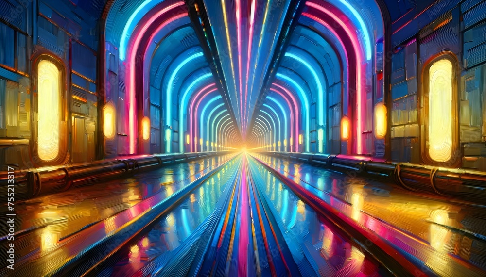A vibrant corridor painted in bold strokes of blue and pink neon lights stretches infinitely towards a bright vanishing point.


