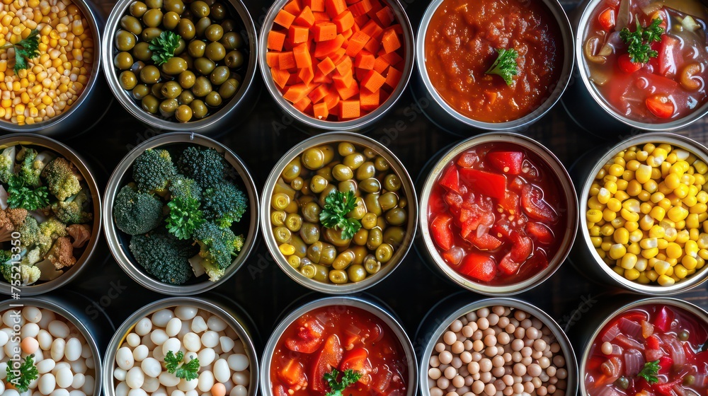 top view of multiple cans of various vegetables in cans