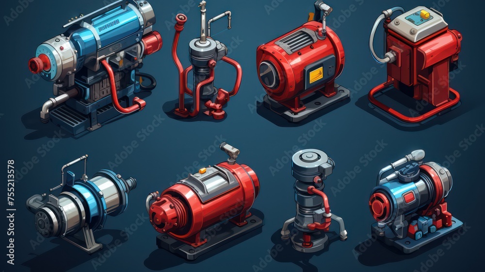 Car engine in isometry. Set of engines of different levels on black background. Detailed 3d engine in cartoon style. Tuned engine. Illustration Car engine in isometry. Set of engines of different levels on black background. Detailed 3d engine in cartoon style. Tuned engine. Illustration