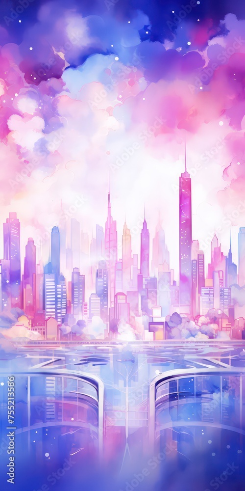 Watercolor of a city in pink, blue and purple