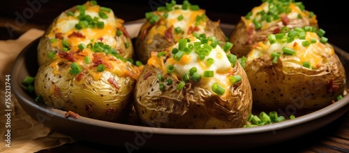 A closeup shot of a plate of delicious stuffed potatoes, a popular finger food made with baked potatoes filled with various ingredients. Perfect for a quick and tasty snack