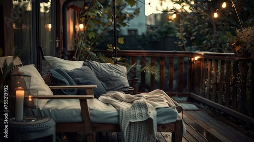 Night evening summer terrace with cozy sofa and green grass. Background concept