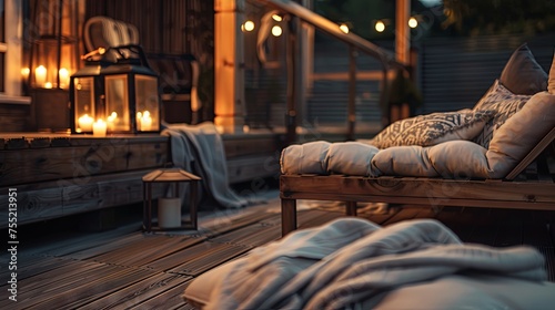Night evening summer terrace with cozy sofa and green grass. Background concept © PrettyVectors