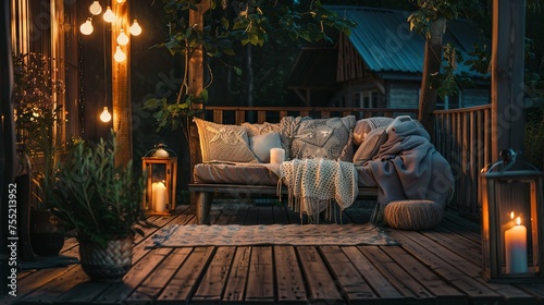 Night evening summer terrace with cozy sofa and green grass. Background concept photo