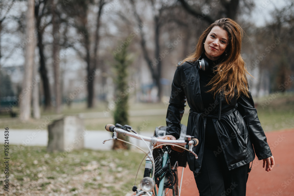 Portrait of a confident businesswoman walking with her bicycle in an urban park, embodying active city lifestyle and eco-friendly commuting.