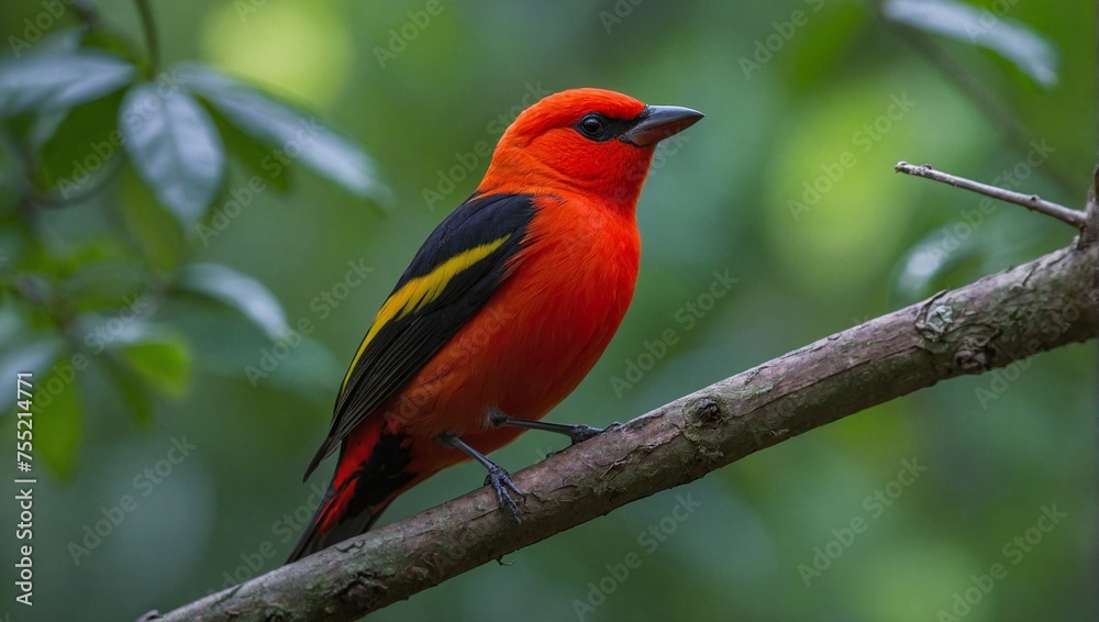 Close-up of scarlet tanager bird perched on tree branch in forest, background blurred