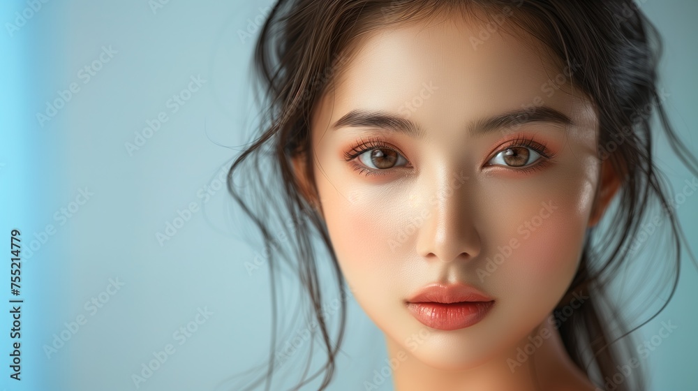 Fototapeta premium Asian womans makeup face woman testing cosmetics beautiful face for makeup