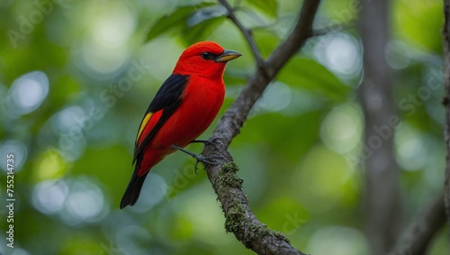 Close-up of scarlet tanager bird perched on tree branch in forest, background blurred