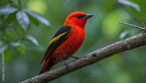 Close-up of scarlet tanager bird perched on tree branch in forest, background blurred © varol