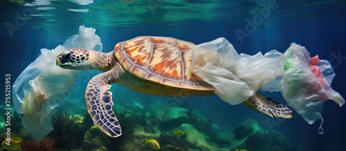 A Kemps ridley sea turtle swims underwater among plastic bags in the ocean, highlighting the impact of marine pollution on these reptiles