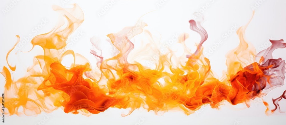 A group of vibrant orange and red smoke plumes rise elegantly against a clean white background. The wispy tendrils create a dynamic and captivating visual display. A group of vibrant orange and red smoke plumes rise elegantly against a clean white background. The wispy tendrils create a dynamic and captivating visual display.